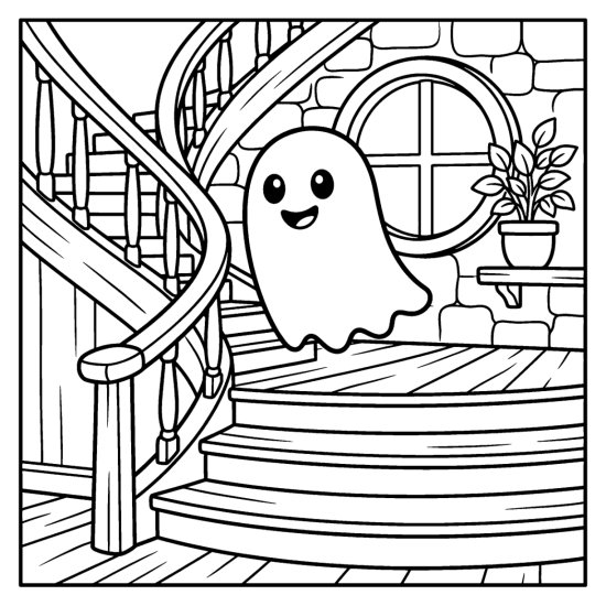Ghost drifting up a curved wooden staircase by a round window, coloring sheet