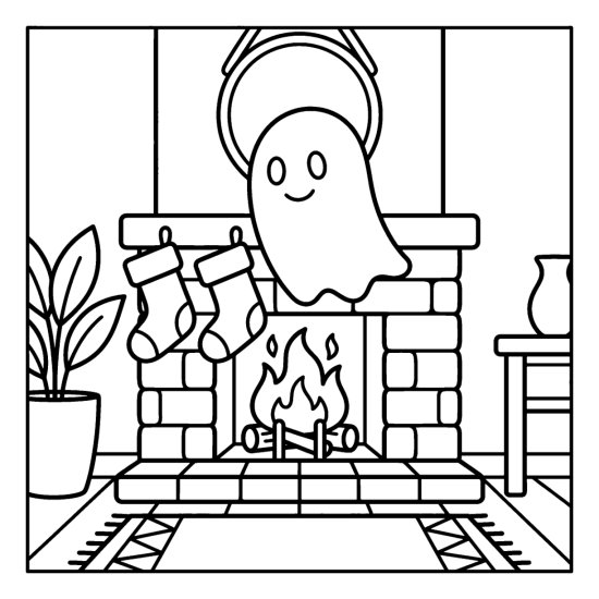 Ghost floating above a crackling fireplace with two hanging stockings, bold and easy
