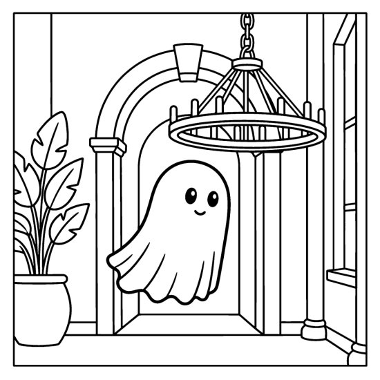 Ghost hovering beneath a round chandelier near an arched doorway, coloring page