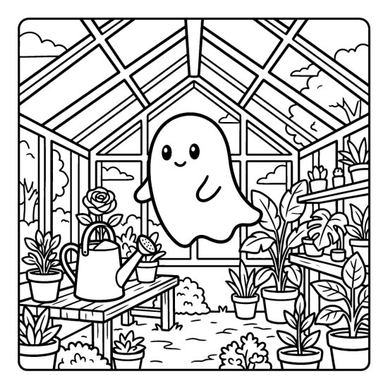 Ghost drifting inside a glass greenhouse full of potted plants, coloring sheet