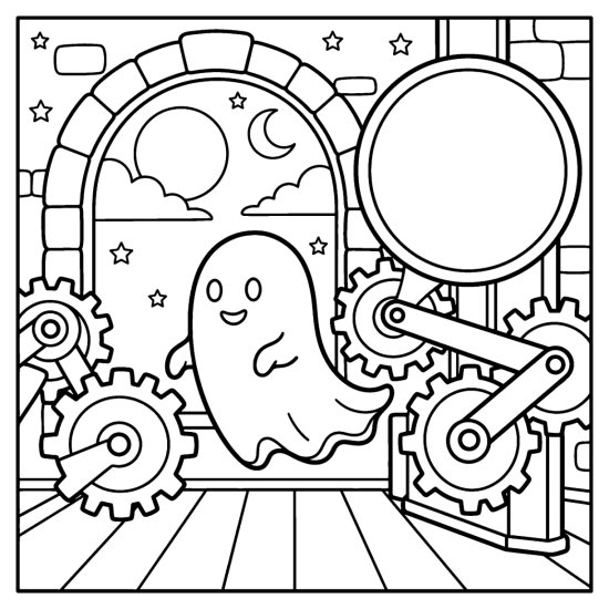 Ghost floating among big round gears inside a clock tower, bold and easy