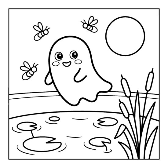 Ghost drifting over a moonlit pond with reeds and lily pads, coloring page