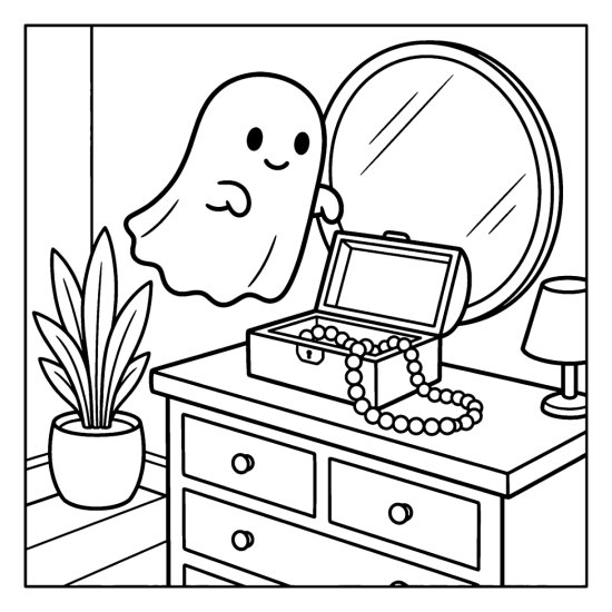 Ghost hovering over an open jewelry box on a dresser by a mirror, coloring sheet