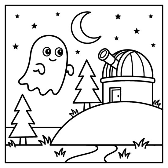 Ghost floating beside a domed observatory on a hill at night, bold and easy
