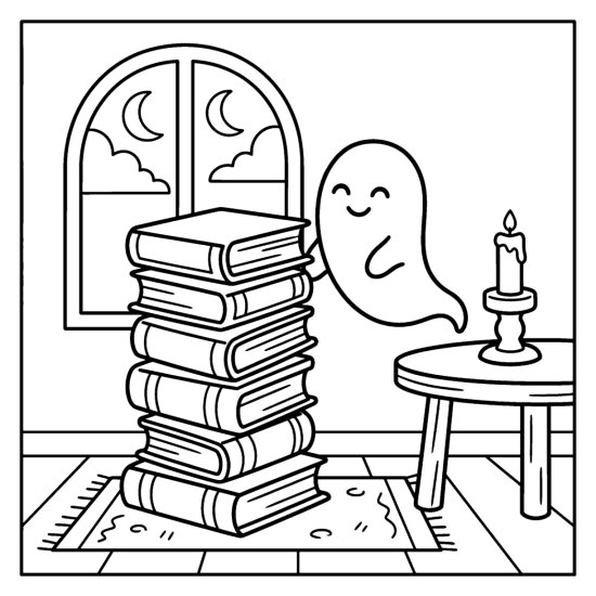 Ghost drifting beside a tall stack of old books near a candle, coloring sheet