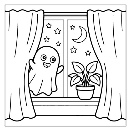 Ghost peeking between tall curtains by a moonlit window with a plant, coloring page