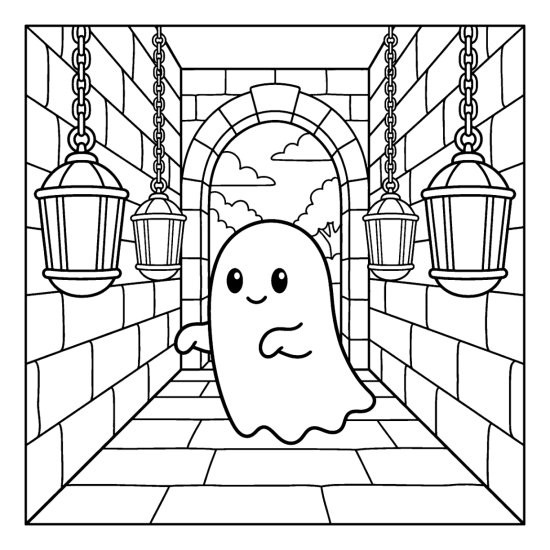 Ghost floating down a stone hallway lined with hanging lanterns, coloring sheet