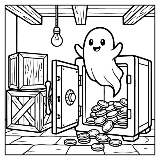 Ghost rising from an open vault safe full of round coins in a cellar, bold and easy