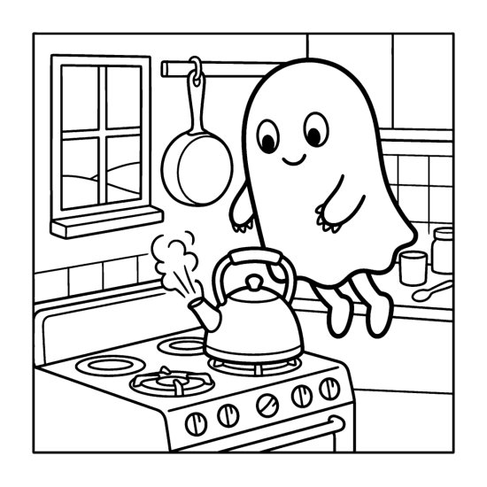 Ghost hovering over a whistling kettle on an old stove in a kitchen, coloring page