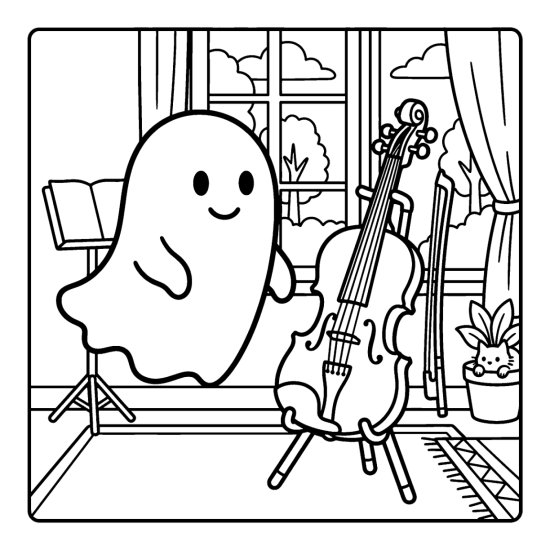 Ghost floating beside a violin on a stand in a parlor by a window, coloring sheet