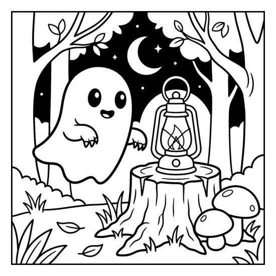 Ghost floating beside a glowing lantern on a tree stump with mushrooms, bold and easy