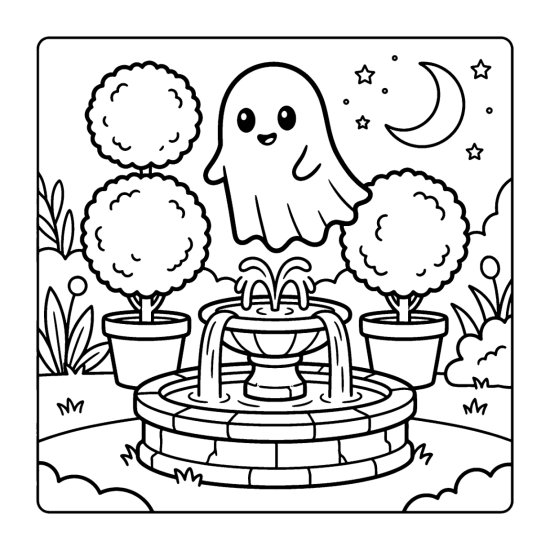 Ghost floating above a tiered stone fountain with topiary bushes at night, coloring page