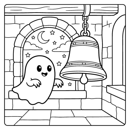 Ghost drifting beside a big hanging bell in a stone bell tower, coloring sheet