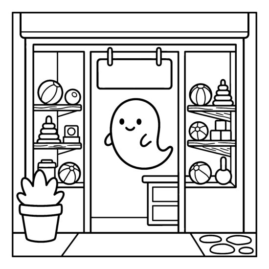Ghost floating inside a small toy shop behind the glass with shelves, bold and easy