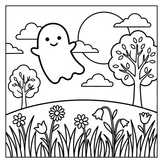 Ghost drifting over a moonlit meadow of grass and wildflowers, coloring page