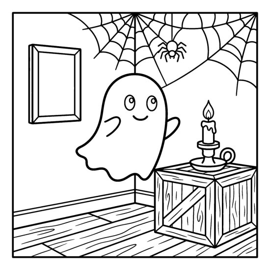 Ghost floating in a cobwebbed attic corner near a candle on a crate, coloring sheet