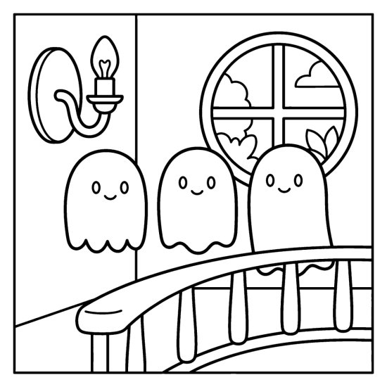 Three little ghosts floating in a row alongside a curved banister, bold and easy