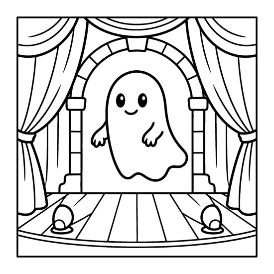 Ghost floating above an empty theater stage with draped curtains, coloring page