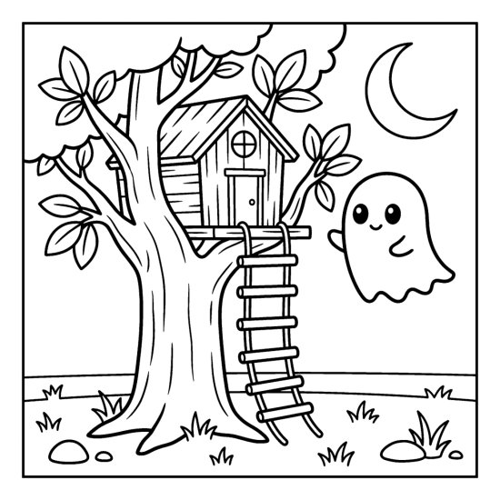 Ghost floating beside a small treehouse in a big tree at night, coloring sheet