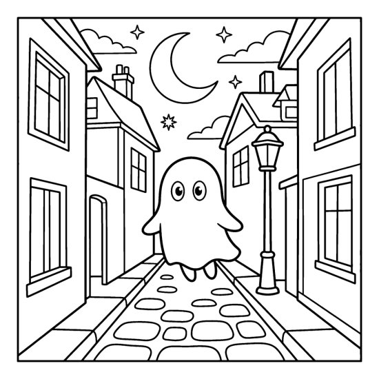 Ghost drifting down a cobblestone alley between tall houses at night, bold and easy