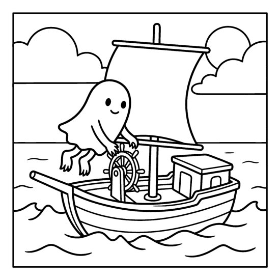 Ghost hovering over the deck of a small sailing ship on rolling waves, coloring page