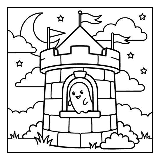 bold and easy ghost coloring pages with a cute ghost in a castle turret window under a crescent moon, coloring page