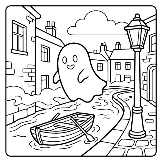 Ghost drifting over a narrow canal between old buildings with a boat, coloring sheet