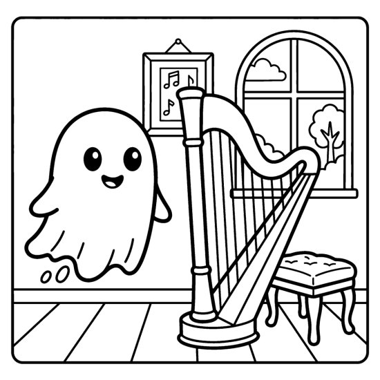 Ghost floating beside a tall harp in a music room near a window, bold and easy