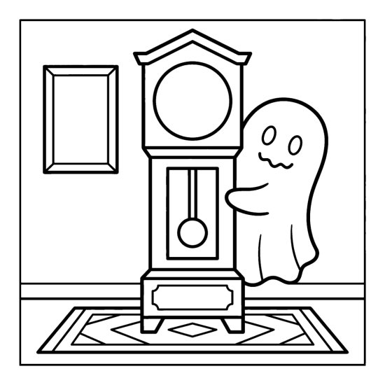 Ghost peeking beside a tall grandfather clock above a patterned rug, coloring page