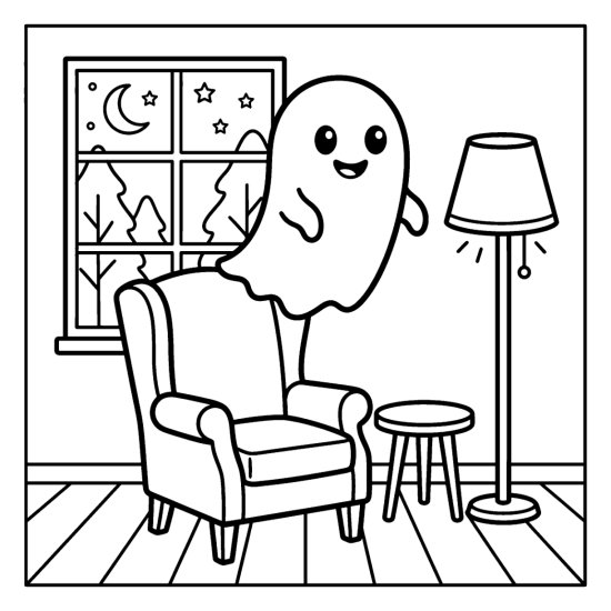 Ghost floating above an empty armchair by a floor lamp and window, coloring sheet