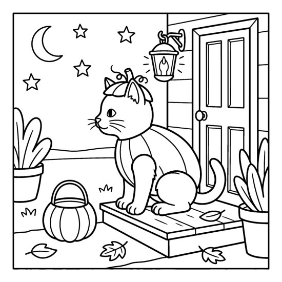 Cute kitten in a pumpkin costume on a doorstep beside a candy pail, coloring page