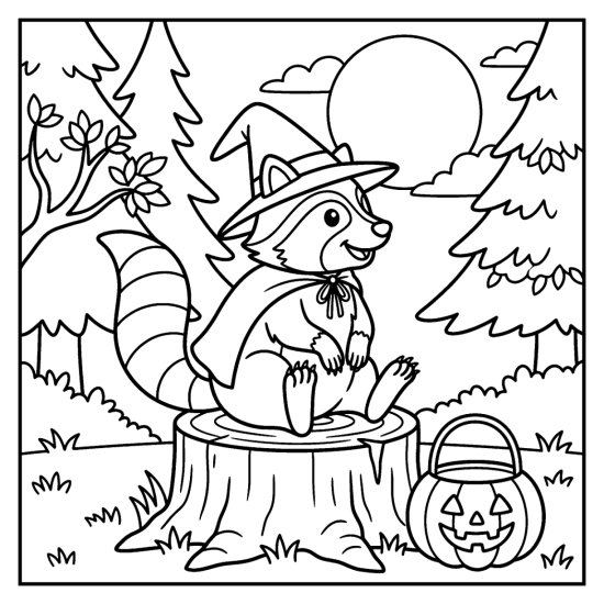 Raccoon in a cape and hat on a tree stump near a pumpkin pail, bold and easy