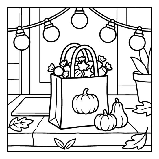 Treat bag overflowing with wrapped candies on a step with gourds, coloring page