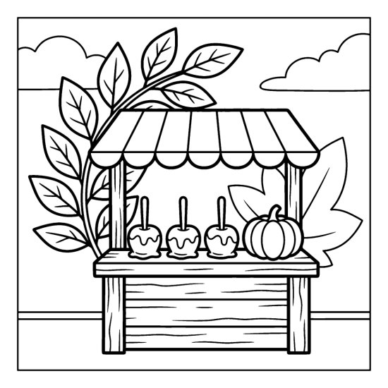Caramel apples on sticks at a small stand under a striped awning, coloring sheet