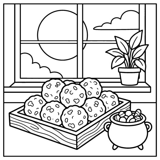 Tray of round popcorn balls on a table by a candy cauldron, bold and easy
