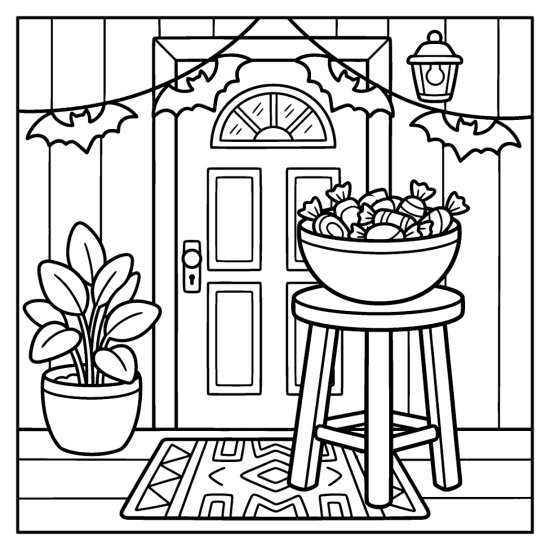 Treat bowl piled with candy on a stand by a front door, coloring page