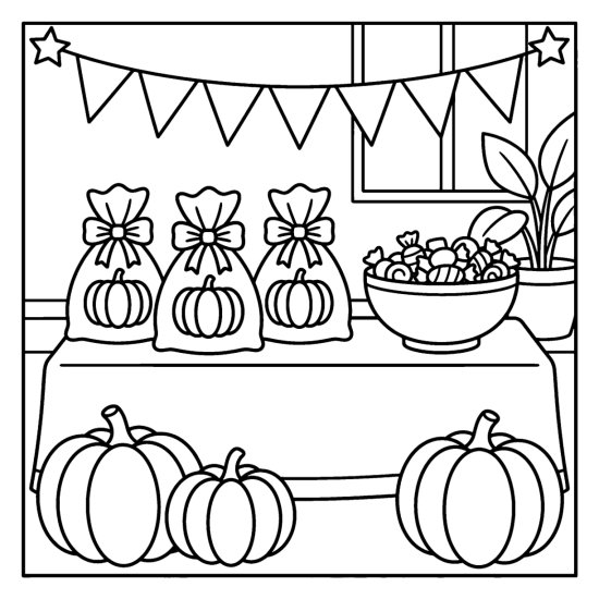 Three goodie bags with pumpkin shapes on a party table, coloring sheet