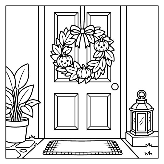 Wreath of leaves and pumpkins on a paneled front door, coloring page