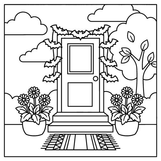 Front door with a bat garland and potted mums on the steps, coloring sheet