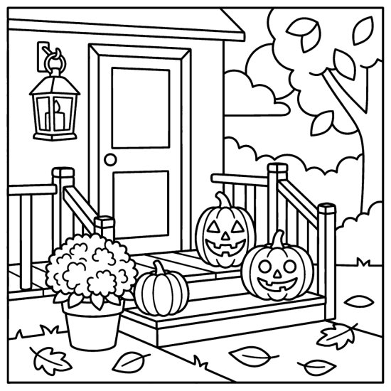 Front steps with carved pumpkins, a potted mum and a lantern, coloring sheet
