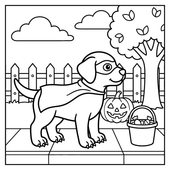 Puppy in a superhero cape and mask by a jack o lantern and fence, coloring sheet