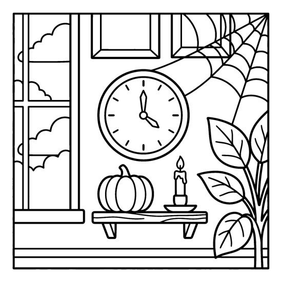 Round wall clock with a cobweb above a shelf with a pumpkin and candle, bold and easy