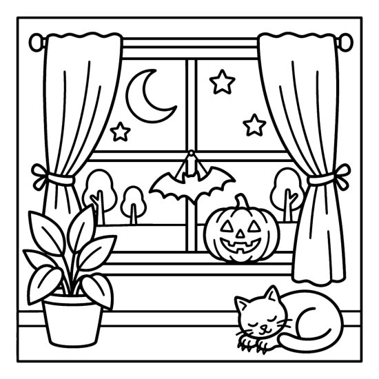 Window with curtains, a bat and a carved pumpkin on the sill, coloring page