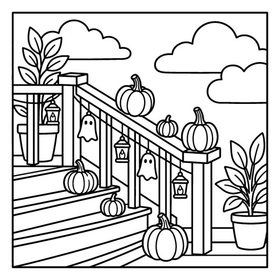 Stair railing with hanging lanterns, paper ghosts and mini pumpkins, bold and easy