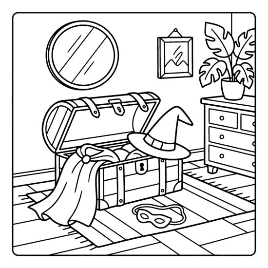 Open costume trunk with a cape, hat and mask on a bedroom floor, coloring page