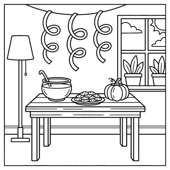 Party table with a punch bowl, cookies and a pumpkin centerpiece, coloring sheet
