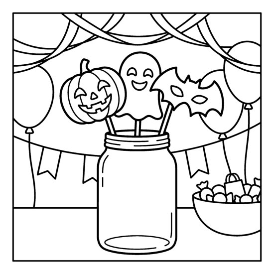 Jar of Halloween masks on sticks on a party table by a candy bowl, bold and easy