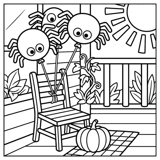Three spider shaped balloons tied to a chair on a porch by a pumpkin, coloring page
