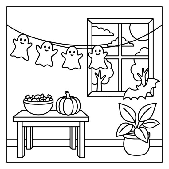 Paper ghost garland over a table with a candy bowl and pumpkin, coloring sheet