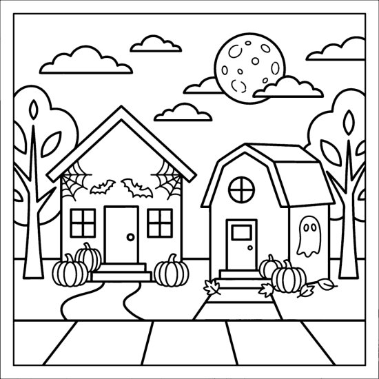 Neighborhood street with two decorated houses and pumpkins under the moon, bold and easy